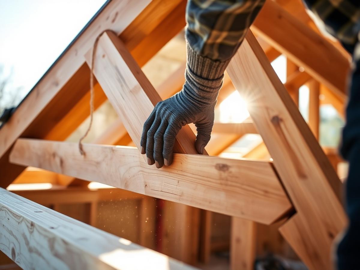 Carpenter fitting timber roof trusses on a build site