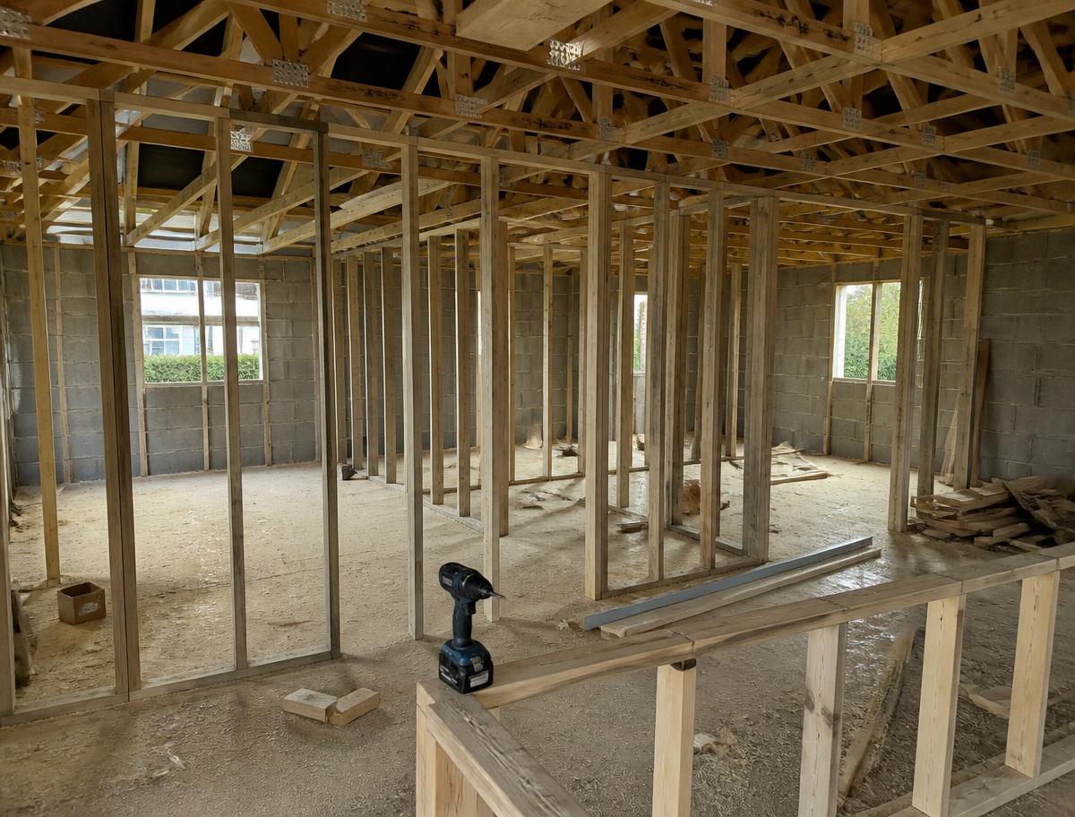 Carpenter fitting timber roof trusses on a build site
