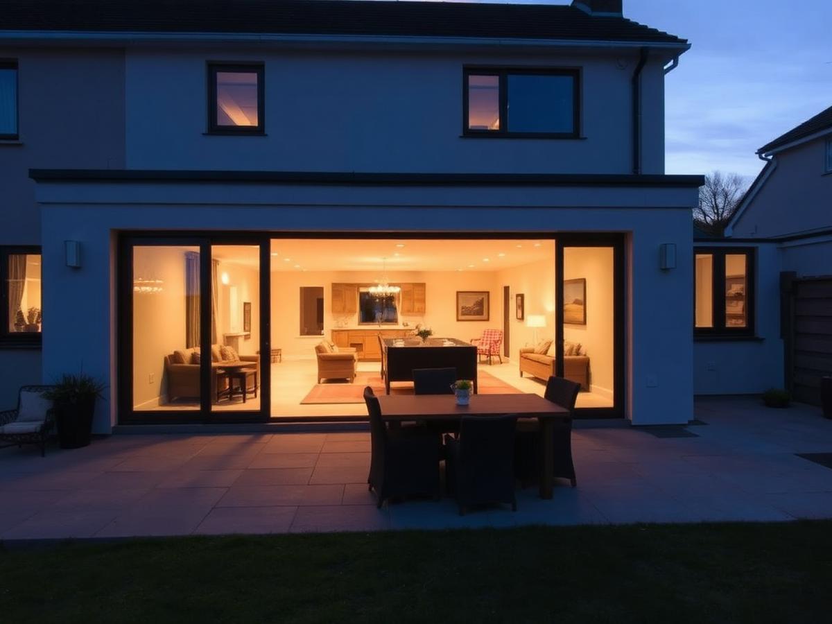 Rear house extension with glazed sliding doors at dusk