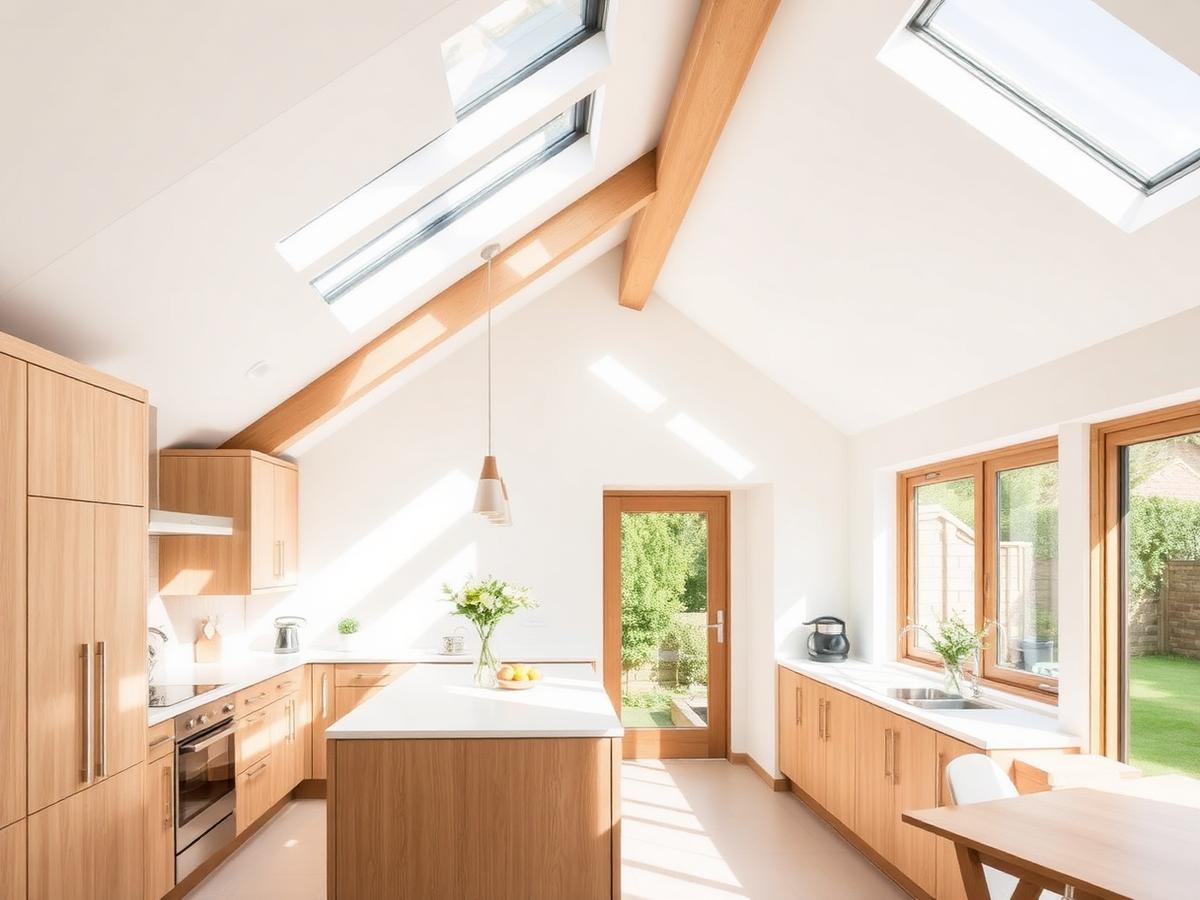 Bright kitchen extension interior with vaulted ceiling and rooflights